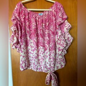 CeCe Off Shoulder Floral Paisley Top | Boho Ruffle Sleeve | Pink | XL